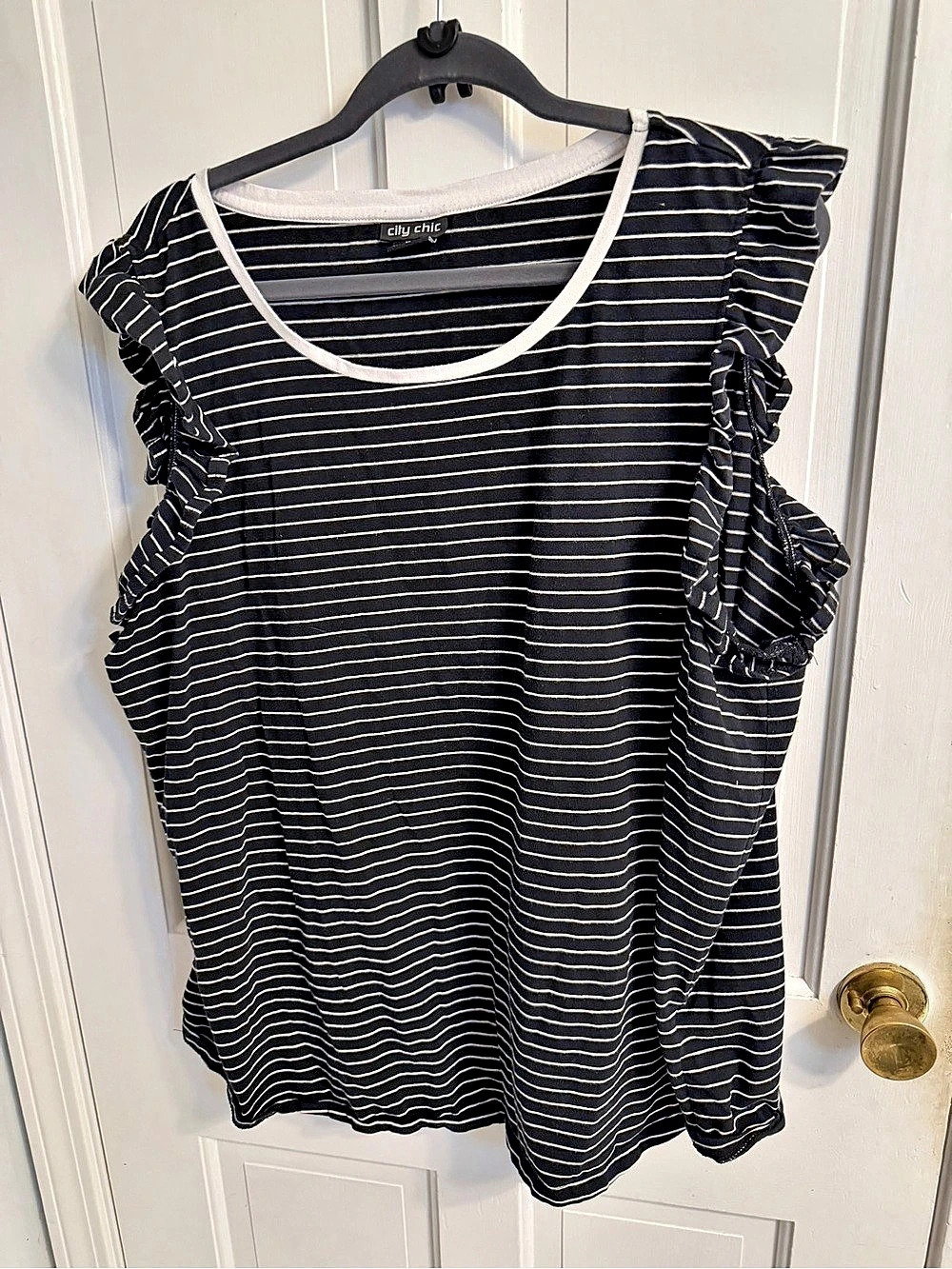 City Chic Striped Ruffle Sleeve Tunic in Black & White Size XL (22)